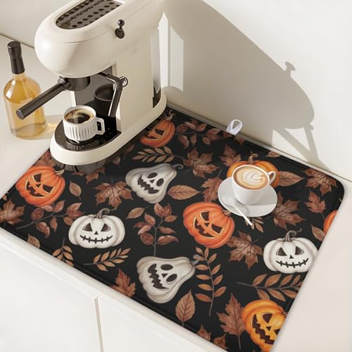Halloween Maple Leaf Dish Drying Mat - Spooky Orange & White Pumpkin, 18x24 Inch, Reversible Microfiber Kitchen Counter Pad