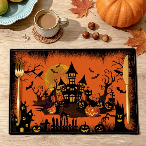 Halloween Placemats Set of 4 - Orange Castle 12x18 Inch Rectangular Table Decor