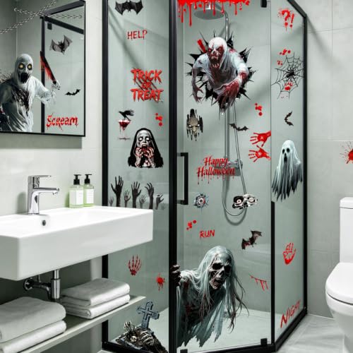 Halloween Window Clings - Scary Bloody Zombie Handprints & Bat Decals - Ghost Variation