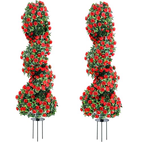 3ft Artificial Topiary Spiral Trees with Roses - Faux Outdoor Bushes Set of 2