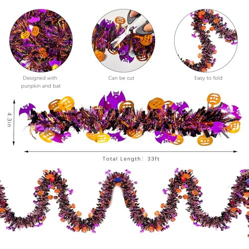 Halloween Tinsel Garland 33FT Pumpkin Bat Metallic Decor for Party & Home