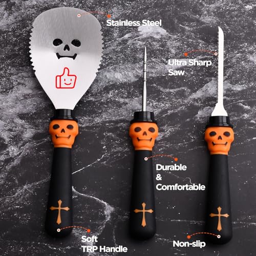 Black 3-Piece Pumpkin Carving Kit Set - Heavy Duty Stainless Steel Halloween Tools
