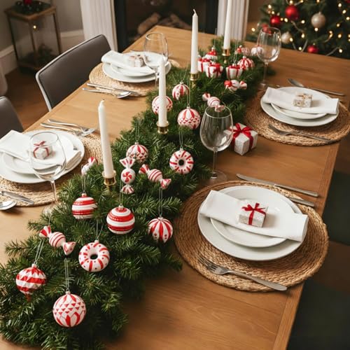 Red and White Christmas Ornaments Set - Candy Cane Holiday Decorations, Hand Painted, Shatterproof Plastic, 48 Pieces