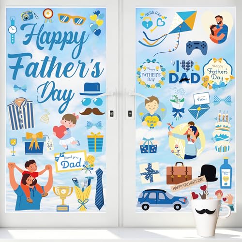 Father's Day Window Clings - Blue Double-Sided Decorations, 77PCS Gift Set