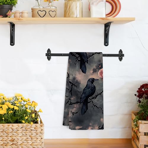 Dark Moody Raven Crow Kitchen Towels - Gothic Floral Hand Dish Towels, 16x24 Inch