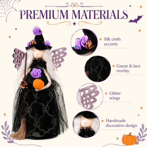 Halloween Witch Tree Topper Decoration - 11 Inch Black Witch with Spider Web Skirt - Multicolor Variant