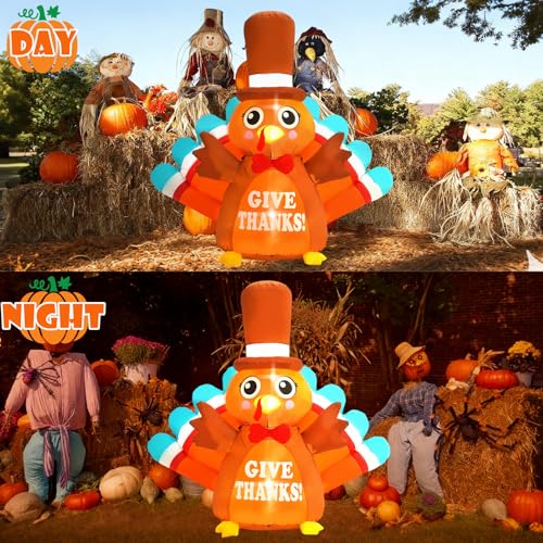 6FT Thanksgiving Inflatable Turkey with Blue Tail & LED Lights - Outdoor Holiday Decor