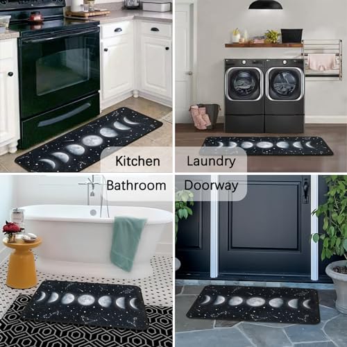 Moon Phase Kitchen Rugs Set 2 Pieces Black Non-Skid Mat & Runner - Variation Moon-2