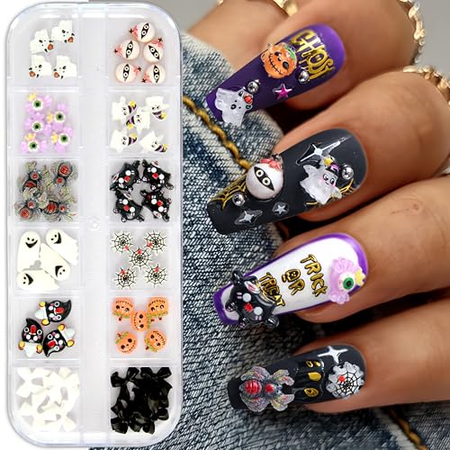 Halloween Pumpkin Bats Nail Charms Rhinestones Set - Orange, 12 Grids for DIY Nail Art