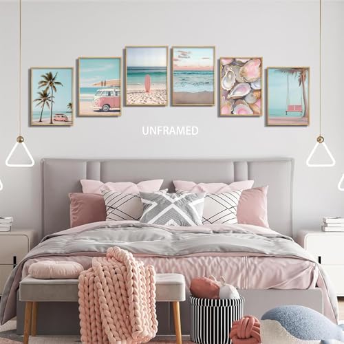Pink Coastal Beach Wall Art Set - 6 Pieces 12x16in Ocean & Surf Posters for Dorm & Home Decor - Variation: Poster1