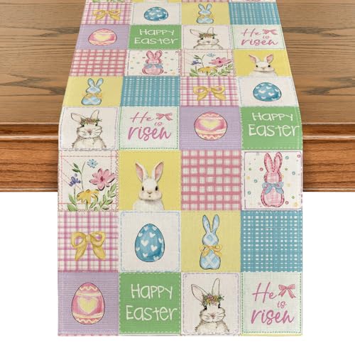 Easter Table Runner 13 x 90 Inch Plaid Bunny Rabbit Eggs Seasonal Decor Purple