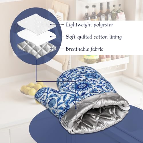 Blue White Floral Oven Mitts & Pot Holders Set - Heat-Resistant Silicone Kitchen Gloves - 4 Pack