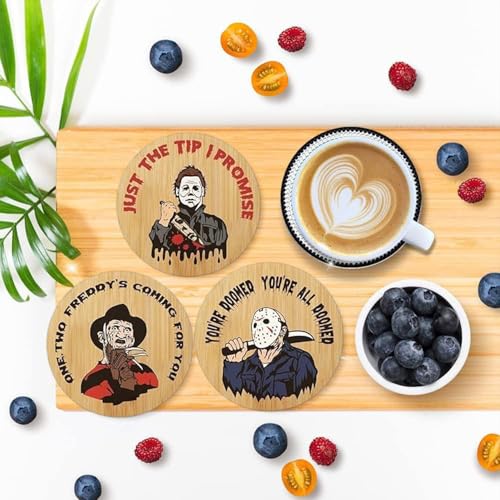 Halloween Spooky Coaster Gift Set - 6 Wooden Horror Movie Character Drink Coasters for Party Decor
