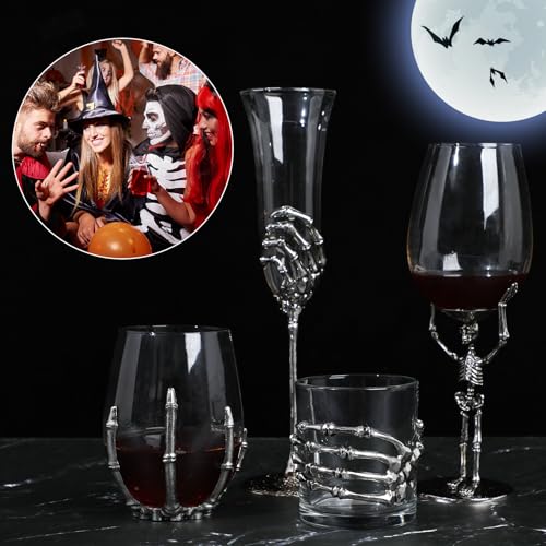 Gothic Skeleton Skull Wine Glass - Bone Hand Chalice with Clear Glass - 2 Pack - Variation 2C