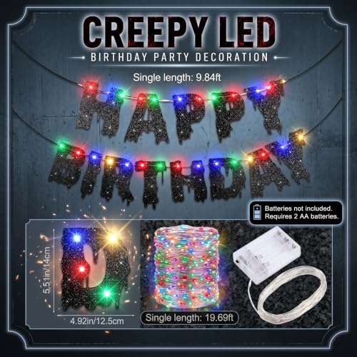 Halloween Gothic Birthday Banner with LED Lights - Black Glitter Celebration Decor