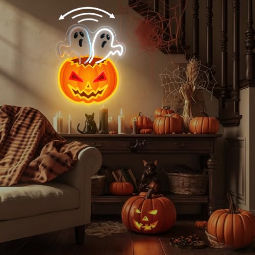 Halloween Waving Ghost Pumpkin Neon Sign - Multicolor Dimmable & Flashing