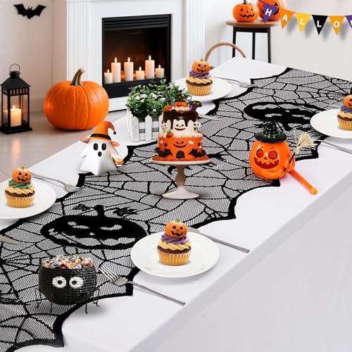 Halloween Table Runners Black Pumpkin Web Lace 18x72 Inch 2 Pack - Spider Web Design