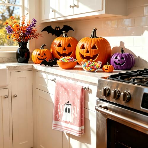 Pink Ghost Halloween Kitchen Towels Set - Fall Spooky Dishcloths, 2 Pack