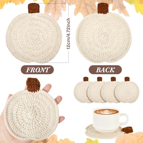 Fall Crochet Coasters Set - Pumpkin Design, Beige, 4 Pieces