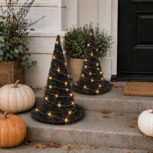 2Pcs Halloween Rattan Witch Hat Decor with String Lights - Indoor Outdoor Party Table Centerpieces