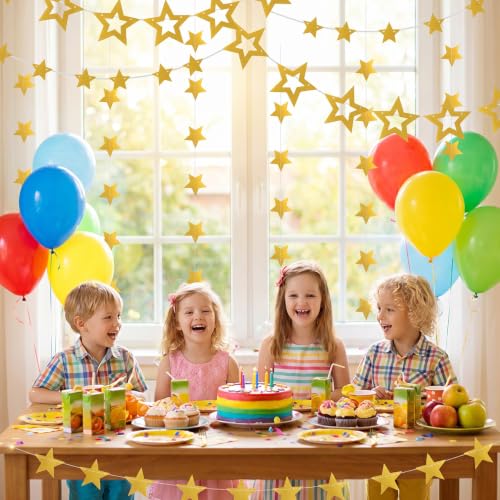 Gold Star Garland Decoration - 28Ft String with Hollow and Solid Stars for Party & Holiday
