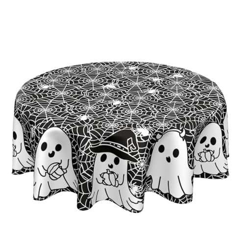 Halloween Round Tablecloth 60 Inch Ghost Spider Web Design - Reusable & Washable