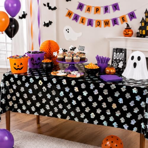 Halloween Ghost Tablecloth Set - 2 Pcs Waterproof 54x108 Inch Black Disposable Cover