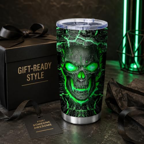 20oz Green Fire Skull Lava Tumbler with Insulation for Hot Cold Drinks - Halloween Gift