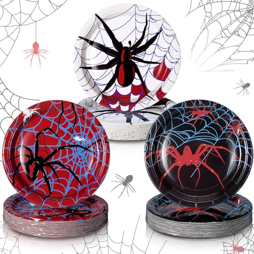 Fourluoo 96-Pack Spider Paper Plates - Black, Red, 7 Inch, Disposable Halloween Partyware
