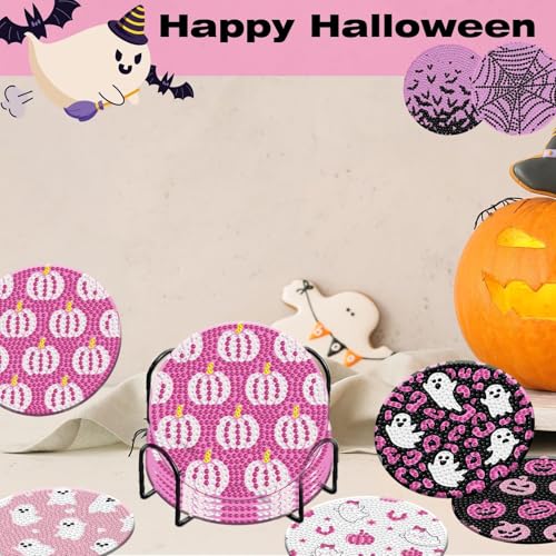 Pink Halloween Diamond Art Coaster Kit with Holder - DIY 8 Pcs for Adults