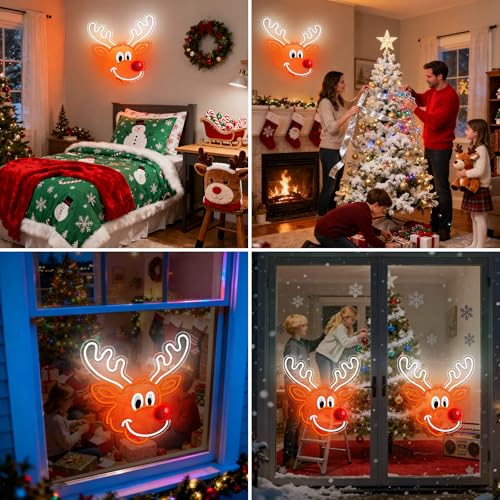 Christmas Elk Neon Window Lights - Indoor Holiday Deer Decor, USB Powered with Accessories