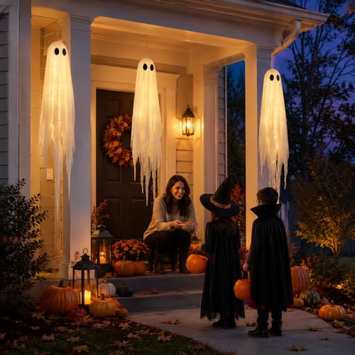 Outdoor Halloween Decorations 3 Pack Large Pre-Assembled Hanging Ghosts with Remote Timer
