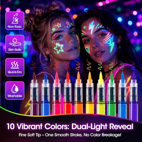 Glow Face & Body Paint Pens - Neon UV Reactive, Skin Safe, Washable, Quick-Dry