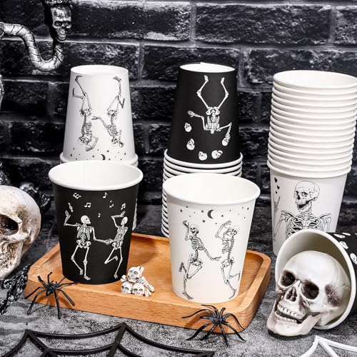Halloween Skeleton Paper Cups - Black & White Dancing Skeleton Design, 9oz, 100 pcs, Disposable Party Tableware