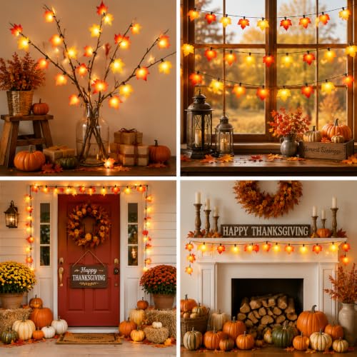 Orange & Yellow Maple Leaf String Lights - 10.5FT Outdoor Fall Decor with 10 LEDs