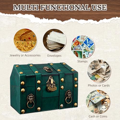 Vintage Wooden Treasure Chest Box with Lock for Jewelry Coins Storage Kids Gift