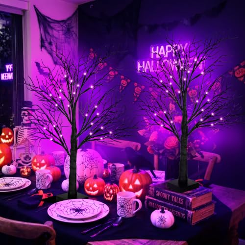 Purple Lighted Halloween Trees - 24 Inch Spooky Tabletop Decor Set of 2 with Timer