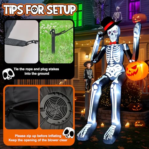 12FT Giant Skeleton Inflatable Halloween Decoration with LED Lights Outdoor
