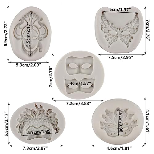Masquerade Mask Silicone Mold Set of 5 - Cake, Candy, and Craft Decorations - Style C