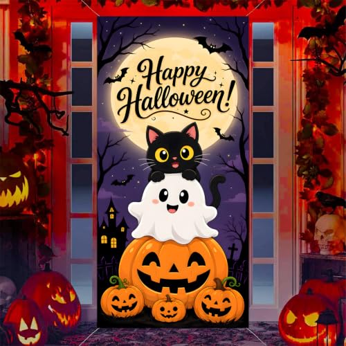 Halloween Door Banner - Black Cat Ghost Pumpkin Porch Decor, 72x35 Inch