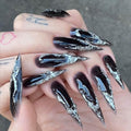 Press On Nails Long Stiletto Black Silver Ombre 3D Fake Nails - Reusable