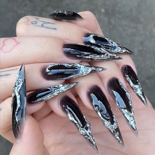 Press On Nails Long Stiletto Black Silver Ombre 3D Fake Nails - Reusable