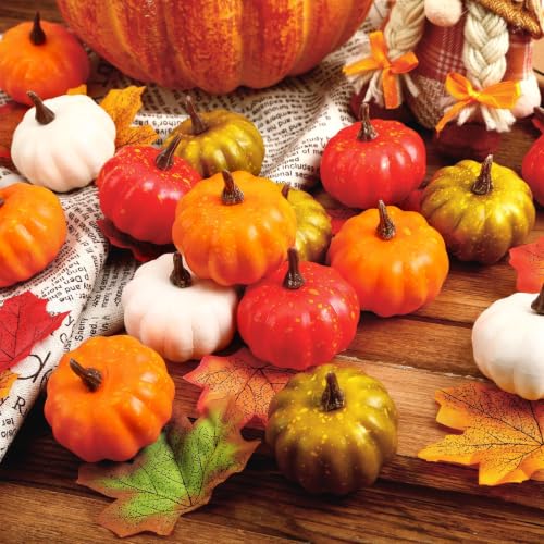 Mini Artificial Pumpkins with Realistic Leaves - Fall Decor Set, Yellow & Green