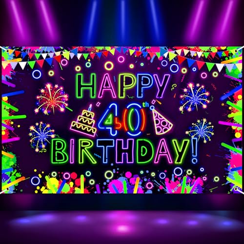 Neon 40th Birthday Banner - Glow in The Dark Party Decorations with UV Blacklight