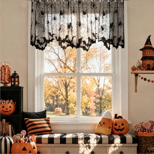 Black Lace Halloween Kitchen Curtains Set - Spider Web Bat Gothic Valances, 2-Pack, 60"W x 20"L Variation of 2