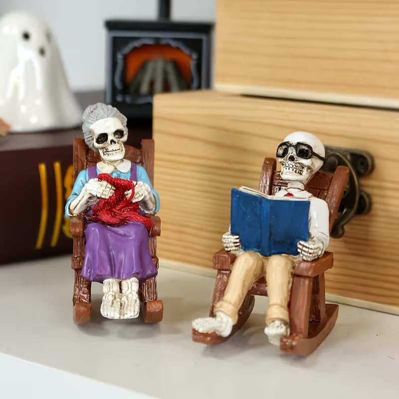 Set of 2 Gothic Skeleton Rocking Chair Tabletop Decorations for Halloween & Home