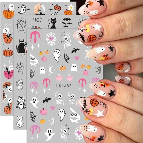 Halloween Nail Stickers - 3D Self-Adhesive Ghost Pumpkin Cat Bat Designs - Style 1