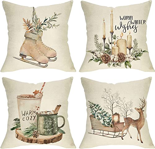 Winter 20x20 Inch Throw Pillow Cover Set of 4 - Reindeer & Cozy Designs Variation of THIS listing