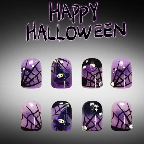 Halloween Short Square Press-On Nails with Spider Web Rhinestones - Purple Black, Reusable 24Pcs - Variation 26WSJ21