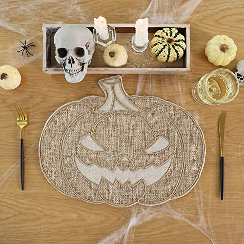 Halloween Placemats Set of 4 - Jack O'Lantern Burlap & Polyester Table Decor